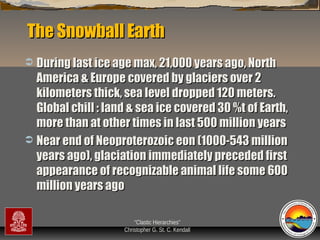 The Snowball Earth
During last ice age max, 21,000 years ago, North
America & Europe covered by glaciers over 2
kilometers thick, sea level dropped 120 meters.
Global chill : land & sea ice covered 30 %t of Earth,
more than at other times in last 500 million years
 Near end of Neoproterozoic eon (1000-543 million
years ago), glaciation immediately preceded first
appearance of recognizable animal life some 600
million years ago


“Clastic Hierarchies”
Christopher G. St. C. Kendall

 