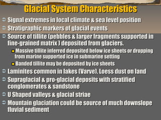Glacial System Characteristics
Signal extremes in local climate & sea level position
 Stratigraphic markers of glacial events
 Source of tillite (pebbles & larger fragments supported in
fine-grained matrix ) deposited from glaciers.


Massive tillite inferred deposited below ice sheets or dropping
from marine supported ice in submarine setting
Banded tillite may be deposited by ice sheets

Laminites common in lakes (Varve), Loess dust on land
 Supraglacial & pro-glacial deposits with stratified
conglomerates & sandstone
 U Shaped valleys & glacial striae
 Mountain glaciation could be source of much downslope
fluvial sediment
“Clastic Hierarchies”


Christopher G. St. C. Kendall

 