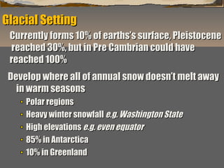 Glacial Setting
Currently forms 10% of earths’s surface, Pleistocene
reached 30%, but in Pre Cambrian could have
reached 100%
Develop where all of annual snow doesn’t melt away
in warm seasons
Polar regions
Heavy winter snowfall e.g. Washington State
High elevations e.g. even equator
85% in Antarctica
10% in Greenland “Clastic Hierarchies”
Christopher G. St. C. Kendall

 