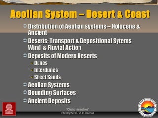 Aeolian System – Desert & Coast
 Distribution of Aeolian systems – Holocene &

Ancient
 Deserts: Transport & Depositional Sytems
Wind & Fluvial Action
 Deposits of Modern Deserts
Dunes
Interdunes
Sheet Sands
 Aeolian Systems
 Bounding Surfaces
 Ancient Deposits
“Clastic Hierarchies”
Christopher G. St. C. Kendall

 