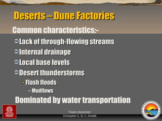 Deserts – Dune Factories
Common characteristics: Lack of through-flowing streams
 Internal drainage
 Local base levels
 Desert thunderstorms

Flash floods
–

Mudflows

Dominated by water transportation
“Clastic Hierarchies”
Christopher G. St. C. Kendall

 