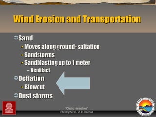 Wind Erosion and Transportation
 Sand

Moves along ground- saltation
Sandstorms
Sandblasting up to 1 meter
–

Ventifact

 Deflation

Blowout
 Dust storms
“Clastic Hierarchies”
Christopher G. St. C. Kendall

 