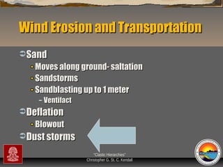 Wind Erosion and Transportation
 Sand

Moves along ground- saltation
Sandstorms
Sandblasting up to 1 meter
–

Ventifact

 Deflation

Blowout
 Dust storms
“Clastic Hierarchies”
Christopher G. St. C. Kendall

 