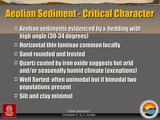 Aeolian Sediment - Critical Character
Aeolian sediments evidenced by x-bedding with
high angle (30-34 degrees)
 Horizontal thin laminae common locally
 Sand rounded and frosted
 Quartz coated by iron oxide suggests hot arid
and/or seasonally humid climate (exceptions)
 Well Sorted: often unimodal but if bimodal two
populations present
 Silt and clay minimal


“Clastic Hierarchies”
Christopher G. St. C. Kendall

 