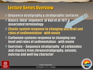 Lecture Series Overview
Sequence stratigraphy & stratigraphic surfaces
 Basics: Ideal ‘sequence’ of Vail et al 1977 &
associated terminology
 Clastic system response to changing sea level and
rates of sedimentation - with movie
 Carbonate systems response to changing sea
level and rates of sedimentation - with movie
 Exercises – Sequence stratigraphy of carbonates
and clastics from chronostratigraphy, seismic,
outcrop and well log character


“Clastic Hierarchies”
Christopher G. St. C. Kendall

 