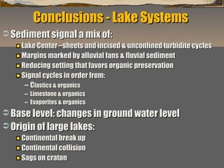Conclusions - Lake Systems
 Sediment signal a mix of:
Lake Center –sheets and incised & unconfined turbidite cycles
Margins marked by alluvial fans & fluvial sediment
Reducing setting that favors organic preservation
Signal cycles in order from:
– Clastics & organics
– Limestone & organics
– Evaporites & organics

 Base level: changes in ground water level
 Origin of large lakes:
Continental break up
Continental collision
“Clastic Hierarchies”
Sags on craton
Christopher G. St. C. Kendall

 