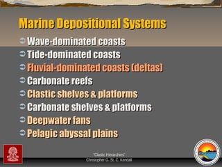 Marine Depositional Systems
 Wave-dominated coasts
 Tide-dominated coasts
 Fluvial-dominated coasts (deltas)
 Carbonate reefs
 Clastic shelves & platforms
 Carbonate shelves & platforms
 Deepwater fans
 Pelagic abyssal plains
“Clastic Hierarchies”
Christopher G. St. C. Kendall

 