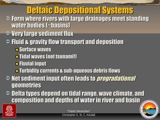 Deltaic Depositional Systems

Form where rivers with large drainages meet standing
water bodies (~basins)
 Very large sediment flux
 Fluid & gravity flow transport and deposition


Surface waves
Tidal waves (not tsunami!)
Fluvial input
Turbidity currents & sub-aqueous debris flows

Net sediment input often leads to progradational
geometries
 Delta types depend on tidal range, wave climate, and
composition and depths of water in river and basin


“Clastic Hierarchies”
Christopher G. St. C. Kendall

 