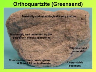 Orthoquartzite (Greensand)

         Texturally and mineralogically very mature
                                                      1cm




 Moderately well cemented by the
  pale green mineral glauconite


                                             Oligomict and
                                               unimodal


Comprises entirely quartz grains
     0.50 to 0.75mm in diameter            A very stable
                                             sediment
 