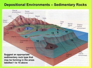 Depositional Environments – Sedimentary Rocks


                5

                         4
     1               3
            2                 6    7         8
                                             9   10
                                        13
                    11
                              12                      15


                                       14


Suggest an appropriate
sedimentary rock type that
may be forming in the areas
labelled 1 to 15 above
 