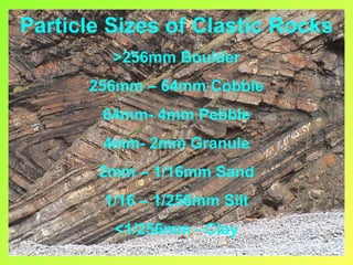 Particle Sizes of Clastic Rocks
         >256mm Boulder
      256mm – 64mm Cobble
        64mm- 4mm Pebble
        4mm- 2mm Granule
       2mm – 1/16mm Sand
        1/16 – 1/256mm Silt
         <1/256mm - Clay
 