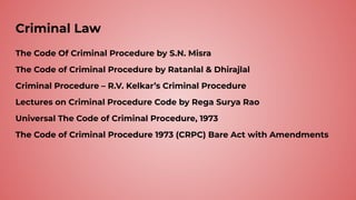 Criminal Law
The Code Of Criminal Procedure by S.N. Misra
The Code of Criminal Procedure by Ratanlal & Dhirajlal
Criminal Procedure – R.V. Kelkar’s Criminal Procedure
Lectures on Criminal Procedure Code by Rega Surya Rao
Universal The Code of Criminal Procedure, 1973
The Code of Criminal Procedure 1973 (CRPC) Bare Act with Amendments
 