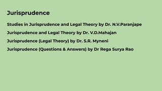 Jurisprudence
Studies in Jurisprudence and Legal Theory by Dr. N.V.Paranjape
Jurisprudence and Legal Theory by Dr. V.D.Mahajan
Jurisprudence (Legal Theory) by Dr. S.R. Myneni
Jurisprudence (Questions & Answers) by Dr Rega Surya Rao
 