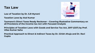 Tax Law
Law of Taxation by Dr. S.R Myneni
Taxation Laws by Atal Kumar
Taxmann’s Direct Taxes Ready Reckoner – Covering Illustrative Commentary on
all Provisions of the Income-tax Act with Focused Analysis
Principles of Taxation Laws with Goods and Service Tax Act, 2017 (GST) by Prof.
Ullas Kumar Saha
Practical Approach to Direct & Indirect Taxes by Dr. Girish Ahuja and Dr. Ravi
Gupta
 