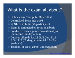 What is the exam all about?
Online exam/Computer Based Test
Centralized Test since 2008
19 NLU’s in India (18 participate)
Exam is conducted on rotational basisExam is conducted on rotational basis
Conducted once a year: conventionally on
the second Sunday of May
Courses offered: B.A LL.B, B.Com LL.B,
B.Sc LL.B (Undergraduate) &LL.M(Post
graduate)
Total no. of seats: 2252 (Undergraduate)
http://law.hitbullseye.com/
 