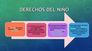 Los derechos que poseen
todos los niños, niñas y
adolescentes.
Los derechos de la infancia
son inalienables e
irrenunciables, ninguna
persona puede vulnerarlos o
desconocerlos bajo ninguna
circunstancia.
Varios documentos consagran
los derechos de la infancia a
nivel internacional, entre
ellos la Declaración de los
Derechos del Niño y la
Convención sobre los
Derechos del Niño.
Estos documentos reconocen
a los niños como sujetos de
derecho, pero convierten a
los Estados y a los adultos en
titulares de la obligación de
respetarlos y hacerlos
respetar
 
