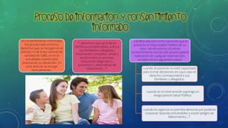 El Consentimiento Informado
fue proclamado entre los
derechos que se recogen en el
articulo 10 de la ley General de
sanidad de 1986, es en la
actualidad cuando está
alcanzando su desarrollo. En
este artículo se recoge
textualmente :
"..derecho a que se le dé en
términos comprensibles, a él y a
sus familiares o allegados,
información completa, verbal y
escrita sobre su proceso,
incluyendo diagnóstico,
pronóstico y alternativas de
tratamiento...".
"a la libre elección entre opciones que le
presente el responsable médico de su
caso, siendo preciso el previo
consentimiento escrito del usuario para la
realización de cualquier intervención,
excepto en los siguientes casos:
cuando el paciente no esté capacitado
para tomar decisiones en cuyo caso el
derecho corresponderá a sus
familiares o allegados.
cuando la no intervención suponga un
riesgo para la Salud Pública.
cuando la urgencia no permita demoras por poderse
ocasionar lesiones irreversibles o existir peligro de
fallecimiento...".
 