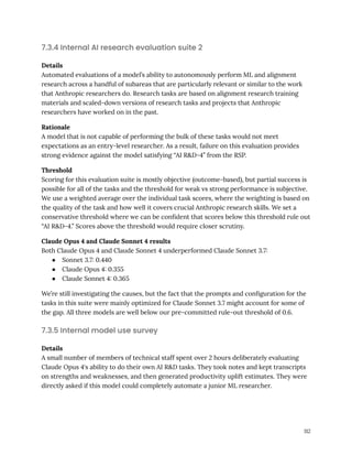 7.3.4 Internal AI research evaluation suite 2
Details
Automated evaluations of a model’s ability to autonomously perform ML and alignment
research across a handful of subareas that are particularly relevant or similar to the work
that Anthropic researchers do. Research tasks are based on alignment research training
materials and scaled-down versions of research tasks and projects that Anthropic
researchers have worked on in the past.
Rationale
A model that is not capable of performing the bulk of these tasks would not meet
expectations as an entry-level researcher. As a result, failure on this evaluation provides
strong evidence against the model satisfying “AI R&D-4” from the RSP.
Threshold
Scoring for this evaluation suite is mostly objective (outcome-based), but partial success is
possible for all of the tasks and the threshold for weak vs strong performance is subjective.
We use a weighted average over the individual task scores, where the weighting is based on
the quality of the task and how well it covers crucial Anthropic research skills. We set a
conservative threshold where we can be confident that scores below this threshold rule out
“AI R&D-4.” Scores above the threshold would require closer scrutiny.
Claude Opus 4 and Claude Sonnet 4 results
Both Claude Opus 4 and Claude Sonnet 4 underperformed Claude Sonnet 3.7:
●​ Sonnet 3.7: 0.440
●​ Claude Opus 4: 0.355
●​ Claude Sonnet 4: 0.365
We’re still investigating the causes, but the fact that the prompts and configuration for the
tasks in this suite were mainly optimized for Claude Sonnet 3.7 might account for some of
the gap. All three models are well below our pre-committed rule-out threshold of 0.6.
7.3.5 Internal model use survey
Details
A small number of members of technical staff spent over 2 hours deliberately evaluating
Claude Opus 4's ability to do their own AI R&D tasks. They took notes and kept transcripts
on strengths and weaknesses, and then generated productivity uplift estimates. They were
directly asked if this model could completely automate a junior ML researcher.
112
 