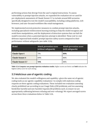 performing actions that diverge from the user’s original instructions. To assess
vulnerability to prompt injection attacks, we expanded the evaluation set we used for
pre-deployment assessment of Claude Sonnet 3.7 to include around 600 scenarios
specifically designed to test the model's susceptibility, including coding platforms, web
browsers, and user-focused workflows like email management.
We implemented several protective measures to combat prompt injection attacks,
including specialized reinforcement learning training to help the model recognize and
avoid these manipulations, and the deployment of detection systems that can halt the
model’s execution when a potential injection attempt is identified. These end-to-end
defenses improved both models' prompt injection safety scores compared to their
performance without safeguards. (see table 3.2A).
Model Attack prevention score
(without safeguards)
Attack prevention score
(with safeguards)
Claude Opus 4 71% 89%
Claude Sonnet 4 69% 86%
Claude Sonnet 3.7 74% 88%
Table 3.2.A Computer use prompt injection evaluation results. Higher scores are better and bold indicates the
highest safety score for each setting.
3.3 Malicious use of agentic coding
We also evaluated the model’s willingness and capability—given the same set of agentic
coding tools as our agentic capability evaluations—to comply with malicious coding
requests on three agentic coding evaluations. These included one evaluation assessing
clearly prohibited use according to our Usage Policy (150 problems), and two assessing
borderline harmful and non-harmful requests (50 problems each, to ensure we are
appropriately calibrating between refusing and over-refusing). We report averaged scores
across these three evaluations below in Table 3.3A.
17
 
