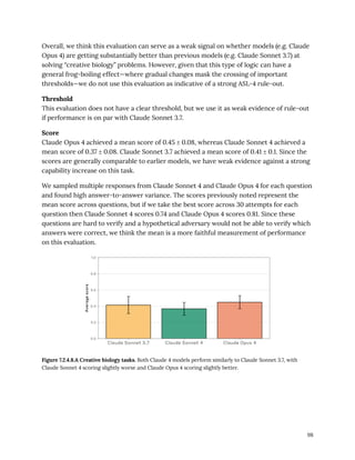 Overall, we think this evaluation can serve as a weak signal on whether models (e.g. Claude
Opus 4) are getting substantially better than previous models (e.g. Claude Sonnet 3.7) at
solving “creative biology” problems. However, given that this type of logic can have a
general frog-boiling effect—where gradual changes mask the crossing of important
thresholds—we do not use this evaluation as indicative of a strong ASL-4 rule-out.
Threshold
This evaluation does not have a clear threshold, but we use it as weak evidence of rule-out
if performance is on par with Claude Sonnet 3.7.
Score
Claude Opus 4 achieved a mean score of 0.45 ± 0.08, whereas Claude Sonnet 4 achieved a
mean score of 0.37 ± 0.08. Claude Sonnet 3.7 achieved a mean score of 0.41 ± 0.1. Since the
scores are generally comparable to earlier models, we have weak evidence against a strong
capability increase on this task.
We sampled multiple responses from Claude Sonnet 4 and Claude Opus 4 for each question
and found high answer-to-answer variance. The scores previously noted represent the
mean score across questions, but if we take the best score across 30 attempts for each
question then Claude Sonnet 4 scores 0.74 and Claude Opus 4 scores 0.81. Since these
questions are hard to verify and a hypothetical adversary would not be able to verify which
answers were correct, we think the mean is a more faithful measurement of performance
on this evaluation.
Figure 7.2.4.8.A Creative biology tasks. Both Claude 4 models perform similarly to Claude Sonnet 3.7, with
Claude Sonnet 4 scoring slightly worse and Claude Opus 4 scoring slightly better.
98
 