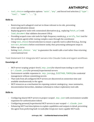 -​ tool_choice configuration options: "auto", "any", and forced tool selection ({"type":
"tool", "name": "..."})
Skills in:
-​ Restricting each subagent's tool set to those relevant to its role, preventing
cross-specialization misuse
-​ Replacing generic tools with constrained alternatives (e.g., replacing fetch_url with
load_document that validates document URLs)
-​ Providing scoped cross-role tools for high-frequency needs (e.g., a verify_fact tool for
the synthesis agent) while routing complex cases through the coordinator
-​ Using tool_choice forced selection to ensure a specific tool is called first (e.g., forcing
extract_metadata before enrichment tools), then processing subsequent steps in
follow-up turns
-​ Setting tool_choice: "any" to guarantee the model calls a tool rather than returning
conversational text
Task Statement 2.4: Integrate MCP servers into Claude Code and agent workflows
Knowledge of:
-​ MCP server scoping: project-level (.mcp.json) for shared team tooling vs user-level
(~/.claude.json) for personal/experimental servers
-​ Environment variable expansion in .mcp.json (e.g., ${GITHUB_TOKEN}) for credential
management without committing secrets
-​ That tools from all configured MCP servers are discovered at connection time and
available simultaneously to the agent
-​ MCP resources as a mechanism for exposing content catalogs (e.g., issue summaries,
documentation hierarchies, database schemas) to reduce exploratory tool calls
Skills in:
-​ Configuring shared MCP servers in project-scoped .mcp.json with environment variable
expansion for authentication tokens
-​ Configuring personal/experimental MCP servers in user-scoped ~/.claude.json
-​ Enhancing MCP tool descriptions to explain capabilities and outputs in detail, preventing
the agent from preferring built-in tools (like Grep) over more capable MCP tools
Anthropic, PBC · Confidential Need to Know (NTK)
 