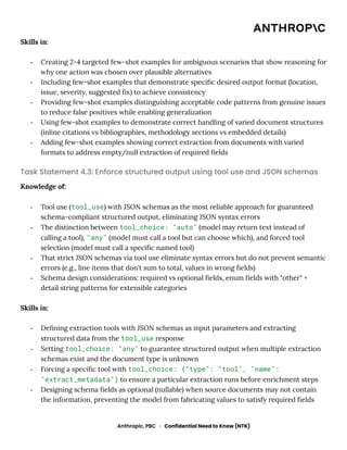 Skills in:
-​ Creating 2-4 targeted few-shot examples for ambiguous scenarios that show reasoning for
why one action was chosen over plausible alternatives
-​ Including few-shot examples that demonstrate specific desired output format (location,
issue, severity, suggested fix) to achieve consistency
-​ Providing few-shot examples distinguishing acceptable code patterns from genuine issues
to reduce false positives while enabling generalization
-​ Using few-shot examples to demonstrate correct handling of varied document structures
(inline citations vs bibliographies, methodology sections vs embedded details)
-​ Adding few-shot examples showing correct extraction from documents with varied
formats to address empty/null extraction of required fields
Task Statement 4.3: Enforce structured output using tool use and JSON schemas
Knowledge of:
-​ Tool use (tool_use) with JSON schemas as the most reliable approach for guaranteed
schema-compliant structured output, eliminating JSON syntax errors
-​ The distinction between tool_choice: "auto" (model may return text instead of
calling a tool), "any" (model must call a tool but can choose which), and forced tool
selection (model must call a specific named tool)
-​ That strict JSON schemas via tool use eliminate syntax errors but do not prevent semantic
errors (e.g., line items that don't sum to total, values in wrong fields)
-​ Schema design considerations: required vs optional fields, enum fields with "other" +
detail string patterns for extensible categories
Skills in:
-​ Defining extraction tools with JSON schemas as input parameters and extracting
structured data from the tool_use response
-​ Setting tool_choice: "any" to guarantee structured output when multiple extraction
schemas exist and the document type is unknown
-​ Forcing a specific tool with tool_choice: {"type": "tool", "name":
"extract_metadata"} to ensure a particular extraction runs before enrichment steps
-​ Designing schema fields as optional (nullable) when source documents may not contain
the information, preventing the model from fabricating values to satisfy required fields
Anthropic, PBC · Confidential Need to Know (NTK)
 
