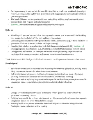 -​ Batch processing is appropriate for non-blocking, latency-tolerant workloads (overnight
reports, weekly audits, nightly test generation) and inappropriate for blocking workflows
(pre-merge checks)
-​ The batch API does not support multi-turn tool calling within a single request (cannot
execute tools mid-request and return results)
-​ custom_id fields for correlating batch request/response pairs
Skills in:
-​ Matching API approach to workflow latency requirements: synchronous API for blocking
pre-merge checks, batch API for overnight/weekly analysis
-​ Calculating batch submission frequency based on SLA constraints (e.g., 4-hour windows to
guarantee 30-hour SLA with 24-hour batch processing)
-​ Handling batch failures: resubmitting only failed documents (identified by custom_id)
with appropriate modifications (e.g., chunking documents that exceeded context limits)
-​ Using prompt refinement on a sample set before batch-processing large volumes to
maximize first-pass success rates and reduce iterative resubmission costs
Task Statement 4.6: Design multi-instance and multi-pass review architectures
Knowledge of:
-​ Self-review limitations: a model retains reasoning context from generation, making it less
likely to question its own decisions in the same session
-​ Independent review instances (without prior reasoning context) are more effective at
catching subtle issues than self-review instructions or extended thinking
-​ Multi-pass review: splitting large reviews into per-file local analysis passes plus cross-file
integration passes to avoid attention dilution and contradictory findings
Skills in:
-​ Using a second independent Claude instance to review generated code without the
generator's reasoning context
-​ Splitting large multi-file reviews into focused per-file passes for local issues plus separate
integration passes for cross-file data flow analysis
-​ Running verification passes where the model self-reports confidence alongside each
finding to enable calibrated review routing
Anthropic, PBC · Confidential Need to Know (NTK)
 