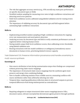 -​ The risk that aggregate accuracy metrics (e.g., 97% overall) may mask poor performance
on specific document types or fields
-​ Stratified random sampling for measuring error rates in high-confidence extractions and
detecting novel error patterns
-​ Field-level confidence scores calibrated using labeled validation sets for routing review
attention
-​ The importance of validating accuracy by document type and field segment before
automating high-confidence extractions
Skills in:
-​ Implementing stratified random sampling of high-confidence extractions for ongoing
error rate measurement and novel pattern detection
-​ Analyzing accuracy by document type and field to verify consistent performance across all
segments before reducing human review
-​ Having models output field-level confidence scores, then calibrating review thresholds
using labeled validation sets
-​ Routing extractions with low model confidence or ambiguous/contradictory source
documents to human review, prioritizing limited reviewer capacity
Task Statement 5.6: Preserve information provenance and handle uncertainty in
multi-source synthesis
Knowledge of:
-​ How source attribution is lost during summarization steps when findings are compressed
without preserving claim-source mappings
-​ The importance of structured claim-source mappings that the synthesis agent must
preserve and merge when combining findings
-​ How to handle conflicting statistics from credible sources: annotating conflicts with
source attribution rather than arbitrarily selecting one value
-​ Temporal data: requiring publication/collection dates in structured outputs to prevent
temporal differences from being misinterpreted as contradictions
Skills in:
-​ Requiring subagents to output structured claim-source mappings (source URLs,
document names, relevant excerpts) that downstream agents preserve through synthesis
Anthropic, PBC · Confidential Need to Know (NTK)
 