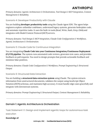 Primary domains: Agentic Architecture & Orchestration, Tool Design & MCP Integration, Context
Management & Reliability
Scenario 4: Developer Productivity with Claude
You are building developer productivity tools using the Claude Agent SDK. The agent helps
engineers explore unfamiliar codebases, understand legacy systems, generate boilerplate code,
and automate repetitive tasks. It uses the built-in tools (Read, Write, Bash, Grep, Glob) and
integrates with Model Context Protocol (MCP) servers.
Primary domains: Tool Design & MCP Integration, Claude Code Configuration & Workflows,
Agentic Architecture & Orchestration
Scenario 5: Claude Code for Continuous Integration
You are integrating Claude Code into your Continuous Integration/Continuous Deployment
(CI/CD) pipeline. The system runs automated code reviews, generates test cases, and provides
feedback on pull requests. You need to design prompts that provide actionable feedback and
minimize false positives.
Primary domains: Claude Code Configuration & Workflows, Prompt Engineering & Structured
Output
Scenario 6: Structured Data Extraction
You are building a structured data extraction system using Claude. The system extracts
information from unstructured documents, validates the output using JavaScript Object
Notation (JSON) schemas, and maintains high accuracy. It must handle edge cases gracefully and
integrate with downstream systems.
Primary domains: Prompt Engineering & Structured Output, Context Management & Reliability
Domain 1: Agentic Architecture & Orchestration
Task Statement 1.1: Design and implement agentic loops for autonomous task
execution
Knowledge of:
Anthropic, PBC · Confidential Need to Know (NTK)
 
