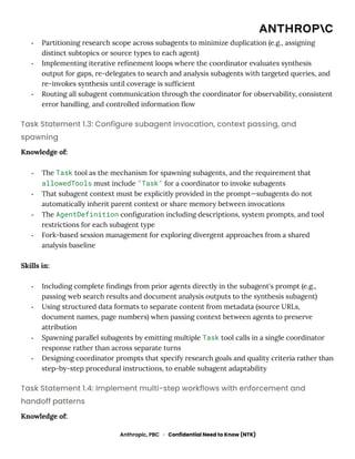 -​ Partitioning research scope across subagents to minimize duplication (e.g., assigning
distinct subtopics or source types to each agent)
-​ Implementing iterative refinement loops where the coordinator evaluates synthesis
output for gaps, re-delegates to search and analysis subagents with targeted queries, and
re-invokes synthesis until coverage is sufficient
-​ Routing all subagent communication through the coordinator for observability, consistent
error handling, and controlled information flow
Task Statement 1.3: Configure subagent invocation, context passing, and
spawning
Knowledge of:
-​ The Task tool as the mechanism for spawning subagents, and the requirement that
allowedTools must include "Task" for a coordinator to invoke subagents
-​ That subagent context must be explicitly provided in the prompt—subagents do not
automatically inherit parent context or share memory between invocations
-​ The AgentDefinition configuration including descriptions, system prompts, and tool
restrictions for each subagent type
-​ Fork-based session management for exploring divergent approaches from a shared
analysis baseline
Skills in:
-​ Including complete findings from prior agents directly in the subagent's prompt (e.g.,
passing web search results and document analysis outputs to the synthesis subagent)
-​ Using structured data formats to separate content from metadata (source URLs,
document names, page numbers) when passing context between agents to preserve
attribution
-​ Spawning parallel subagents by emitting multiple Task tool calls in a single coordinator
response rather than across separate turns
-​ Designing coordinator prompts that specify research goals and quality criteria rather than
step-by-step procedural instructions, to enable subagent adaptability
Task Statement 1.4: Implement multi-step workflows with enforcement and
handoff patterns
Knowledge of:
Anthropic, PBC · Confidential Need to Know (NTK)
 