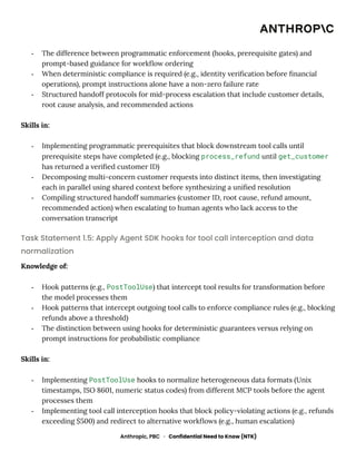 -​ The difference between programmatic enforcement (hooks, prerequisite gates) and
prompt-based guidance for workflow ordering
-​ When deterministic compliance is required (e.g., identity verification before financial
operations), prompt instructions alone have a non-zero failure rate
-​ Structured handoff protocols for mid-process escalation that include customer details,
root cause analysis, and recommended actions
Skills in:
-​ Implementing programmatic prerequisites that block downstream tool calls until
prerequisite steps have completed (e.g., blocking process_refund until get_customer
has returned a verified customer ID)
-​ Decomposing multi-concern customer requests into distinct items, then investigating
each in parallel using shared context before synthesizing a unified resolution
-​ Compiling structured handoff summaries (customer ID, root cause, refund amount,
recommended action) when escalating to human agents who lack access to the
conversation transcript
Task Statement 1.5: Apply Agent SDK hooks for tool call interception and data
normalization
Knowledge of:
-​ Hook patterns (e.g., PostToolUse) that intercept tool results for transformation before
the model processes them
-​ Hook patterns that intercept outgoing tool calls to enforce compliance rules (e.g., blocking
refunds above a threshold)
-​ The distinction between using hooks for deterministic guarantees versus relying on
prompt instructions for probabilistic compliance
Skills in:
-​ Implementing PostToolUse hooks to normalize heterogeneous data formats (Unix
timestamps, ISO 8601, numeric status codes) from different MCP tools before the agent
processes them
-​ Implementing tool call interception hooks that block policy-violating actions (e.g., refunds
exceeding $500) and redirect to alternative workflows (e.g., human escalation)
Anthropic, PBC · Confidential Need to Know (NTK)
 