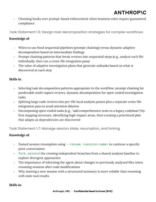-​ Choosing hooks over prompt-based enforcement when business rules require guaranteed
compliance
Task Statement 1.6: Design task decomposition strategies for complex workflows
Knowledge of:
-​ When to use fixed sequential pipelines (prompt chaining) versus dynamic adaptive
decomposition based on intermediate findings
-​ Prompt chaining patterns that break reviews into sequential steps (e.g., analyze each file
individually, then run a cross-file integration pass)
-​ The value of adaptive investigation plans that generate subtasks based on what is
discovered at each step
Skills in:
-​ Selecting task decomposition patterns appropriate to the workflow: prompt chaining for
predictable multi-aspect reviews, dynamic decomposition for open-ended investigation
tasks
-​ Splitting large code reviews into per-file local analysis passes plus a separate cross-file
integration pass to avoid attention dilution
-​ Decomposing open-ended tasks (e.g., "add comprehensive tests to a legacy codebase") by
first mapping structure, identifying high-impact areas, then creating a prioritized plan
that adapts as dependencies are discovered
Task Statement 1.7: Manage session state, resumption, and forking
Knowledge of:
-​ Named session resumption using --resume <session-name> to continue a specific
prior conversation
-​ fork_session for creating independent branches from a shared analysis baseline to
explore divergent approaches
-​ The importance of informing the agent about changes to previously analyzed files when
resuming sessions after code modifications
-​ Why starting a new session with a structured summary is more reliable than resuming
with stale tool results
Skills in:
Anthropic, PBC · Confidential Need to Know (NTK)
 