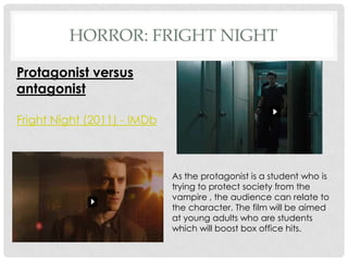 HORROR: FRIGHT NIGHT

Protagonist versus
antagonist

Fright Night (2011) - IMDb



                             As the protagonist is a student who is
                             trying to protect society from the
                             vampire , the audience can relate to
                             the character. The film will be aimed
                             at young adults who are students
                             which will boost box office hits.
 