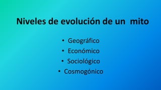 Niveles de evolución de un mito
• Geográfico
• Económico
• Sociológico
• Cosmogónico
 