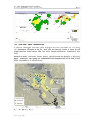 2012 Annual Management’s Discussion and Analysis
(in thousands of CDN dollars, except as otherwise noted)                                           Page 12




Figure 2: Santoy Region Composite Longitudinal Section.

In addition to extending the mineralized system, the program discovered a sub-parallel lens to the Santoy
Gap, approximately 150 metres to the east. These latest drill intercepts continue to affirm the high
prospectivity of the Santoy Regional Shear Zone, hosting multiple deposits over a three kilometre strike
length.

Based on the Santoy Gap inferred resource, positive exploration results and proximity to the existing
Santoy 8 infrastructure, the Company has initiated an 850 metre long exploration drift to allow for infill
drilling and upgrading of the inferred resource.




Figure 3: Map of the Santoy Region



Claude Resources Inc.
 