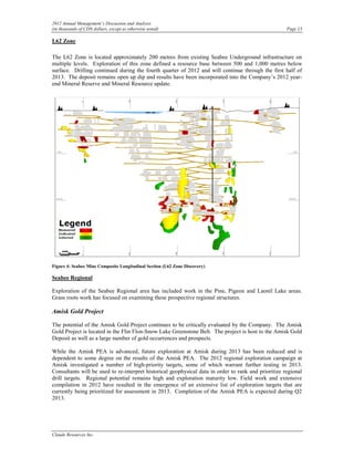 2012 Annual Management’s Discussion and Analysis
(in thousands of CDN dollars, except as otherwise noted)                                              Page 13

L62 Zone

The L62 Zone is located approximately 200 metres from existing Seabee Underground infrastructure on
multiple levels. Exploration of this zone defined a resource base between 500 and 1,000 metres below
surface. Drilling continued during the fourth quarter of 2012 and will continue through the first half of
2013. The deposit remains open up dip and results have been incorporated into the Company’s 2012 year-
end Mineral Reserve and Mineral Resource update.




Figure 4: Seabee Mine Composite Longitudinal Section (L62 Zone Discovery)

Seabee Regional

Exploration of the Seabee Regional area has included work in the Pine, Pigeon and Laonil Lake areas.
Grass roots work has focused on examining these prospective regional structures.

Amisk Gold Project

The potential of the Amisk Gold Project continues to be critically evaluated by the Company. The Amisk
Gold Project is located in the Flin Flon-Snow Lake Greenstone Belt. The project is host to the Amisk Gold
Deposit as well as a large number of gold occurrences and prospects.

While the Amisk PEA is advanced, future exploration at Amisk during 2013 has been reduced and is
dependent to some degree on the results of the Amisk PEA. The 2012 regional exploration campaign at
Amisk investigated a number of high-priority targets, some of which warrant further testing in 2013.
Consultants will be used to re-interpret historical geophysical data in order to rank and prioritize regional
drill targets. Regional potential remains high and exploration maturity low. Field work and extensive
compilation in 2012 have resulted in the emergence of an extensive list of exploration targets that are
currently being prioritized for assessment in 2013. Completion of the Amisk PEA is expected during Q2
2013.




Claude Resources Inc.
 