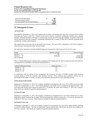 Claude Resources Inc.
Notes to the Consolidated Financial Statements
For the Years ended December 31, 2012 and 2011
Expressed in Thousands of Canadian Dollars, except share data or as otherwise noted




 Cash and cash equivalents                                $           486
 Mineral property interest                                         15,198
 Accounts payable and accrued liabilities                            (828)
                                                          $        14,856

22. Subsequent Events:
(a) Term Loan

Subsequent to December 31, 2012, the Company has executed a non-binding term sheet for a five-year $25.0 million
term loan (the “Loan”) with CCP. Interest on the Loan is fixed at 10 percent, compounds monthly and is payable
monthly. Principal payments will begin 12 months from closing and will be payable monthly. A portion of the Loan
will be utilized to retire the Company’s outstanding debentures due to mature in May 2013 with the remainder being
available for working capital purposes.

The maturity date of the Loan will be 60 months from closing. The Loan will be subordinate to all of the Company’s
other short-term and long-term loans and borrowings.

The table below represents currently scheduled repayment and maturity of the Loan over the next five years.

Period                                                         Monthly Amount                              Annual Amount
Months 1 – 12                                                             NIL                                       NIL
Months 13 – 59                                                        $300,000                                $3,600,000
Due at Maturity                                                                                              $10,900,000

After 12 months following the closing of this arrangement, the Company has the right to prepay the term loan subject to
a prepayment fee (calculated on the amount being prepaid) of:

 Months Following Closing                                          Prepayment Fee
 Months 13 – 24                                                          2%
 Months 25 – 36                                                          1%
 Months 37 – 60                                                          0%

In conjunction with the closing of this arrangement, the Company will grant 5,750,000 common share purchase
warrants priced at $0.70 per common share purchase warrant. These common share purchase warrants can be
exercisable by the holder, in whole or in part, at any time from closing until five years following closing.

(b) Revolving Credit Facility

Subsequent to December 31, 2012, the Company completed an arrangement for a new $5.0 million revolving credit
facility due on December 31, 2013. Upon mutual agreement, the facility can be extended for an additional year. This
revolving credit facility bears interest at prime plus 1.75 percent; the prime rate at March 27, 2013 was 3 percent.
These funds are available for general corporate purposes.

(c) Line of Credit

Subsequent to December 31, 2012, the Company completed an arrangement for a new $10.0 million line of credit,
replacing its old $5.0 million line of credit. The line of credit bears interest at prime plus 1.125 percent; the prime rate
at March 27, 2013 was 3 percent. These funds are available for general corporate purposes.

(d) Finance Lease Line

Subsequent to December 31, 2012, the Company completed an arrangement for a new $10.0 million facility, replacing
its old $7.0 million facility. The line of credit bears interest at prime plus 1.50 percent; the prime rate at March 27,
2013 was 3 percent. These funds are available for general corporate purposes.



                                                                                                                   Page 88
 