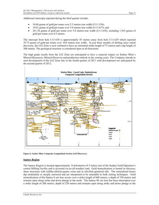 Q3 2011 Management’s Discussion and Analysis
(in millions of CDN dollars, except as otherwise noted)                                               Page 11

Additional intercepts reported during the third quarter include:

     •     10.68 grams of gold per tonne over 2.5 metres true width (U11-354);
     •     14.01 grams of gold per tonne over 5.0 metres true width (U11-637); and
     •     261.28 grams of gold per tonne over 3.6 metres true width (U11-638), including 1,563 grams of
           gold per tonne over 0.5 metres.

The intercept from hole U11-638 is approximately 45 metres away from hole U11-629 which reported
39.75 grams of gold per tonne over 10.0 metres true width. In just three months of drilling since initial
discovery, the L62 Zone is now outlined to have an estimated strike length of 75 metres and a dip length of
300 metres. The geological structure is considered open in all directions.

The high grade results from the L62 Zone are anticipated to have a material impact on Seabee Mine’s
Mineral Resources, Mineral Reserves and production outlook in the coming years. The Company intends to
start development of the L62 Zone late in the fourth quarter of 2011 with development ore anticipated by
the second quarter of 2012.




Figure 6: Seabee Mine Composite Longitudinal Section (L62 Discovery)

Santoy Region

The Santoy Region is located approximately 14 kilometres (8.5 miles) east of the Seabee Gold Operation’s
central Milling Facility and is accessed via an all-weather road. Gold mineralization is hosted in siliceous,
shear structures with sulfide-chlorite-quartz veins and in silicified granitoid sills. The mineralized lenses
dip moderately to steeply eastward and are interpreted to be amenable to bulk mining techniques. Gold
mineralization of the Santoy 8 ore lens occurs over a strike length of 600 metres, a depth of 350 metres and
remains open along strike and down plunge to the north. The Santoy 8E ore lens has been intercepted over
a strike length of 200 metres, depth of 250 metres and remains open along strike and down plunge to the



Claude Resources Inc.
 