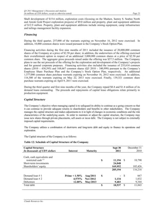 Q3 2011 Management’s Discussion and Analysis
(in millions of CDN dollars, except as otherwise noted)                                                   Page 23

Shaft development of $15.6 million, exploration costs (focusing on the Madsen, Santoy 8, Seabee North
and Amisk Gold Project exploration projects) of $9.0 million and property, plant and equipment additions
of $12.9 million. Property, plant and equipment additions include mining equipment, camp infrastructure
and tailings management facility expansion.

Financing

During the third quarter, 257,000 of the warrants expiring on November 16, 2012 were exercised. In
addition, 10,000 common shares were issued pursuant to the Company’s Stock Option Plan.

Financing activities during the first nine months of 2011 included the issuance of 20,000,000 common
shares of the Company at a price of $2.50 per share; in addition, the underwriters of the offering exercised
their overallotment option in respect of an additional 3,000,000 common shares at a price of $2.50 per
common share. The aggregate gross proceeds raised under the offering was $57.5 million. The Company
plans to use the net proceeds of the offering for the exploration and development of the Company’s projects
and for general corporate purposes. Financing activities also included the issuance of 235,614 common
shares (2010 – 430,395) and 168,667 common shares (Q3 2010 – 340,999) pursuant to the Company’s
Employee Share Purchase Plan and the Company’s Stock Option Plan, respectively. An additional
1,577,000 common share purchase warrants expiring on November 16, 2012 were exercised. In addition,
116,300 of the warrants expiring on May 22, 2013 were exercised. Finally, 139,321 common share
purchase warrants expiring on April 9, 2011 were exercised.

During the third quarter and first nine months of the year, the Company repaid $0.4 and $1.4 million of its
demand loans outstanding. The proceeds and repayments of capital lease obligations relate primarily to
production equipment.

Capital Structure

The Company’s objective when managing capital is to safeguard its ability to continue as a going concern so that
it can continue to provide adequate returns to shareholders and benefits to other stakeholders. The Company
manages the capital structure and makes adjustments to it in light of changes in economic conditions and the risk
characteristics of the underlying assets. In order to maintain or adjust the capital structure, the Company may
issue new shares through private placements, sell assets or incur debt. The Company is not subject to externally
imposed capital requirements.

The Company utilizes a combination of short-term and long-term debt and equity to finance its operations and
exploration.

The Capital structure of the Company is as follows:

Table 12: Schedule of Capital Structure of the Company

Capital Structure                                                                     Sept 30        December 31
In thousands of CDN dollars                        Interest    Maturity                 2011               2010

Cash, cash equivalents and
  restricted cash (1)                                                      $          11,194     $         10,790
Short-term investments                                                                24,048                    -
Shareholders’ equity                                                                 169,952              105,426
                                                                                     205,194              116,216

Demand loan # 1                                Prime + 1.50%   Aug/2011    $                -    $            667
Demand loan # 2                                       4.575%   Nov/2012                 1,134               1,832
Debenture                                             12.00%   May/2013                 9,403               9,344
Total debt                                                                 $           10,537    $         11,843




Claude Resources Inc.
 