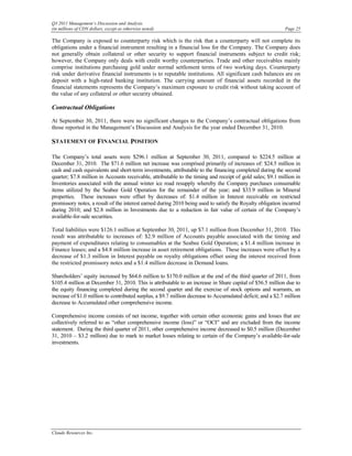 Q3 2011 Management’s Discussion and Analysis
(in millions of CDN dollars, except as otherwise noted)                                                    Page 25

The Company is exposed to counterparty risk which is the risk that a counterparty will not complete its
obligations under a financial instrument resulting in a financial loss for the Company. The Company does
not generally obtain collateral or other security to support financial instruments subject to credit risk;
however, the Company only deals with credit worthy counterparties. Trade and other receivables mainly
comprise institutions purchasing gold under normal settlement terms of two working days. Counterparty
risk under derivative financial instruments is to reputable institutions. All significant cash balances are on
deposit with a high-rated banking institution. The carrying amount of financial assets recorded in the
financial statements represents the Company’s maximum exposure to credit risk without taking account of
the value of any collateral or other security obtained.

Contractual Obligations

At September 30, 2011, there were no significant changes to the Company’s contractual obligations from
those reported in the Management’s Discussion and Analysis for the year ended December 31, 2010.

STATEMENT OF FINANCIAL POSITION

The Company’s total assets were $296.1 million at September 30, 2011, compared to $224.5 million at
December 31, 2010. The $71.6 million net increase was comprised primarily of increases of: $24.5 million in
cash and cash equivalents and short-term investments, attributable to the financing completed during the second
quarter; $7.8 million in Accounts receivable, attributable to the timing and receipt of gold sales; $9.1 million in
Inventories associated with the annual winter ice road resupply whereby the Company purchases consumable
items utilized by the Seabee Gold Operation for the remainder of the year; and $33.9 million in Mineral
properties. These increases were offset by decreases of: $1.4 million in Interest receivable on restricted
promissory notes, a result of the interest earned during 2010 being used to satisfy the Royalty obligation incurred
during 2010; and $2.8 million in Investments due to a reduction in fair value of certain of the Company’s
available-for-sale securities.

Total liabilities were $126.1 million at September 30, 2011, up $7.1 million from December 31, 2010. This
result was attributable to increases of: $2.9 million of Accounts payable associated with the timing and
payment of expenditures relating to consumables at the Seabee Gold Operation; a $1.4 million increase in
Finance leases; and a $4.8 million increase in asset retirement obligations. These increases were offset by a
decrease of $1.3 million in Interest payable on royalty obligations offset using the interest received from
the restricted promissory notes and a $1.4 million decrease in Demand loans.

Shareholders’ equity increased by $64.6 million to $170.0 million at the end of the third quarter of 2011, from
$105.4 million at December 31, 2010. This is attributable to an increase in Share capital of $56.5 million due to
the equity financing completed during the second quarter and the exercise of stock options and warrants, an
increase of $1.0 million to contributed surplus, a $9.7 million decrease to Accumulated deficit; and a $2.7 million
decrease to Accumulated other comprehensive income.

Comprehensive income consists of net income, together with certain other economic gains and losses that are
collectively referred to as “other comprehensive income (loss)” or “OCI” and are excluded from the income
statement. During the third quarter of 2011, other comprehensive income decreased to $0.5 million (December
31, 2010 – $3.2 million) due to mark to market losses relating to certain of the Company’s available-for-sale
investments.




Claude Resources Inc.
 