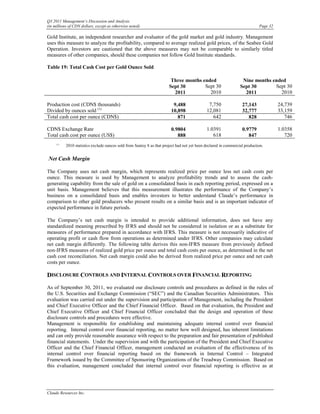 Q3 2011 Management’s Discussion and Analysis
(in millions of CDN dollars, except as otherwise noted)                                                                      Page 32

Gold Institute, an independent researcher and evaluator of the gold market and gold industry. Management
uses this measure to analyze the profitability, compared to average realized gold prices, of the Seabee Gold
Operation. Investors are cautioned that the above measures may not be comparable to similarly titled
measures of other companies, should these companies not follow Gold Institute standards.

Table 19: Total Cash Cost per Gold Ounce Sold

                                                                         Three months ended                        Nine months ended
                                                                        Sept 30        Sept 30                    Sept 30       Sept 30
                                                                          2011           2010                       2011          2010

Production cost (CDN$ thousands)                                          9,488                7,750               27,143              24,739
Divided by ounces sold (1)                                               10,898               12,081               32,777              33,159
Total cash cost per ounce (CDN$)                                            871                  642                  828                 746

CDN$ Exchange Rate                                                       0.9804               1.0391               0.9779              1.0358
Total cash cost per ounce (US$)                                             888                  618                  847                 720
     (1)
           2010 statistics exclude ounces sold from Santoy 8 as that project had not yet been declared in commercial production.


Net Cash Margin

The Company uses net cash margin, which represents realized price per ounce less net cash costs per
ounce. This measure is used by Management to analyze profitability trends and to assess the cash-
generating capability from the sale of gold on a consolidated basis in each reporting period, expressed on a
unit basis. Management believes that this measurement illustrates the performance of the Company’s
business on a consolidated basis and enables investors to better understand Claude’s performance in
comparison to other gold producers who present results on a similar basis and is an important indicator of
expected performance in future periods.

The Company’s net cash margin is intended to provide additional information, does not have any
standardized meaning prescribed by IFRS and should not be considered in isolation or as a substitute for
measures of performance prepared in accordance with IFRS. This measure is not necessarily indicative of
operating profit or cash flow from operations as determined under IFRS. Other companies may calculate
net cash margin differently. The following table derives this non-IFRS measure from previously defined
non-IFRS measures of realized gold price per ounce and total cash costs per ounce, as determined in the net
cash cost reconciliation. Net cash margin could also be derived from realized price per ounce and net cash
costs per ounce.

DISCLOSURE CONTROLS AND INTERNAL CONTROLS OVER FINANCIAL REPORTING
As of September 30, 2011, we evaluated our disclosure controls and procedures as defined in the rules of
the U.S. Securities and Exchange Commission (“SEC”) and the Canadian Securities Administrators. This
evaluation was carried out under the supervision and participation of Management, including the President
and Chief Executive Officer and the Chief Financial Officer. Based on that evaluation, the President and
Chief Executive Officer and Chief Financial Officer concluded that the design and operation of these
disclosure controls and procedures were effective.
Management is responsible for establishing and maintaining adequate internal control over financial
reporting. Internal control over financial reporting, no matter how well designed, has inherent limitations
and can only provide reasonable assurance with respect to the preparation and fair presentation of published
financial statements. Under the supervision and with the participation of the President and Chief Executive
Officer and the Chief Financial Officer, management conducted an evaluation of the effectiveness of its
internal control over financial reporting based on the framework in Internal Control – Integrated
Framework issued by the Committee of Sponsoring Organizations of the Treadway Commission. Based on
this evaluation, management concluded that internal control over financial reporting is effective as at




Claude Resources Inc.
 