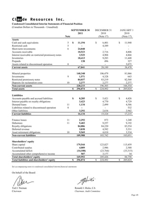 Condensed Consolidated Interim Statements of Financial Position
(Canadian Dollars in Thousands - Unaudited)
                                                        SEPTEMBER 30                           DECEMBER 31           JANUARY 1
                                                            2011                                   2010                  2010
                                                   Note                                          (Note 17)             (Note 17)
Assets
Cash and cash equivalents                           5 $     11,194                              $        6,401   $      11,948
Restricted cash                                     5          -                                         4,389             -
Short-term investments                              6       24,048                                         -               -
Accounts receivable                                         10,523                                       2,716           4,806
Interest receivable on restricted promissory notes           3,525                                       4,904           4,866
Inventories                                                 18,413                                       9,283          11,448
Prepaids                                                       138                                         496             327
Assets related to discontinued operation            8          -                                           -             5,075
Current assets                                              67,841                                      28,189          38,470

Mineral properties                                                           140,348                106,479             81,066
Investments                                                       9            1,571                  4,328                643
Restricted promissory notes                                                   84,037                 83,219             82,568
Deposits for reclamation costs                                   10            2,277                  2,277              2,277
Non-current assets                                                           228,233                196,303            166,554
Total assets                                                            $    296,074            $   224,492      $     205,024

Liabilities
Accounts payable and accrued liabilities                                $         8,285         $        5,421   $       4,426
Interest payable on royalty obligations                                           3,423                  4,770           4,729
Demand loans                                                     11               1,134                  2,499           4,586
Liabilities related to discontinued operation                    8                  -                      -               532
Other liabilities                                                                 3,292                  2,634           2,942
Current liabilities                                                              16,134                 15,324          17,215

Finance leases                                                   11            2,292                    873              1,240
Debenture                                                        11            9,403                  9,257              9,192
Royalty obligations                                                           84,886                 84,220             83,554
Deferred revenue                                                               3,838                  4,582              5,531
Asset retirement obligations                                     10            9,569                  4,810              3,534
Non-current liabilities                                                      109,988                103,742            103,051

Shareholders' equity
Share capital                                                                179,544                123,027            115,459
Contributed surplus                                                            4,009                  2,986              2,580
Accumulated deficit                                                          (14,108)               (23,764)           (33,315)
Accumulated other comprehensive income                                           507                  3,177                 34
Total shareholders' equity                                                   169,952                105,426             84,758
Total liabilities and shareholders' equity                              $    296,074            $   224,492      $     205,024

See accompanying notes to condensed consolidated interim financial statements.


On behalf of the Board:




Ted J. Nieman                                                               Ronald J. Hicks, CA
Chairman                                                                    Chairman, Audit Committee
                                                                                                                              Page 40
 