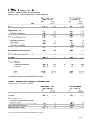 Condensed Consolidated Interim Statements of Income
(Canadian Dollars in Thousands, except per share amounts - Unaudited)

                                                                        Three Months Ended               Nine Months Ended
                                                                          SEPTEMBER 30                    SEPTEMBER 30
                                                                        2011           2010             2011            2010
                                                  Note                               (Note 17)                        (Note 17)

Revenue                                                        $          18,203     $    15,660    $    49,764    $      41,053

Mine Operating Costs:
   Production costs                                                        9,488           7,750         27,143           24,739
   Depreciation and depletion                                              2,895           2,927          7,463            8,815
                                                                          12,383          10,677         34,606           33,554
Profit from mining operations                                              5,820           4,983         15,158            7,499

     General and administrative                                            1,213             977          4,275            3,129
     Finance expense                                                         231             254            674              734
     Other expense (income)                                                1,733            (714)           662           (1,196)
     Loss (gain) on investments                                              -               -             (109)             207
                                                                           3,177             517          5,502            2,874

Net profit from continuing operations                                      2,643           4,466          9,656            4,625

Profit from discontinued operation                   8                           -         1,111            -              1,547

Net profit                                                     $           2,643     $     5,577    $     9,656    $       6,172

Net earnings per share
    Basic and diluted                               13
          From continuing operations                           $             0.02    $      0.03    $      0.06    $        0.04
          Net earnings                                         $             0.02    $      0.04    $      0.06    $        0.05


             Basic                                                      163,911          131,245        153,268         129,546
             Diluted                                                    166,759          135,117        157,193         132,678

See accompanying notes to condensed consolidated interim financial statements.



Condensed Consolidated Interim Statements of Comprehensive Income
(Canadian Dollars in Thousands - Unaudited)

                                                                        Three Months Ended               Nine Months Ended
                                                                          SEPTEMBER 30                    SEPTEMBER 30
                                                                        2011           2010             2011            2010
                                                                                     (Note 17)                        (Note 17)

Net profit                                                     $           2,643     $     5,577    $     9,656    $       6,172

Other comprehensive loss
    Loss (gain) on available-for-sale securities
    transferred to profit                                                        -           -             (109)             207
    Unrealized gain (loss) on available-for-securities                        24             433         (2,561)             124
Other comprehensive income (loss)                                             24             433         (2,670)             331
Total comprehensive income                           $                     2,667     $     6,010    $     6,986 $          6,503


See accompanying notes to condensed consolidated interim financial statements.



                                                                                                                        Page 41
 