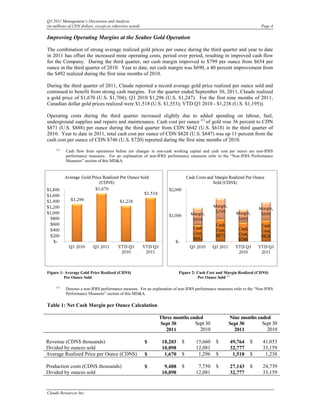 Q3 2011 Management’s Discussion and Analysis
(in millions of CDN dollars, except as otherwise noted)                                                               Page 4

Improving Operating Margins at the Seabee Gold Operation

The combination of strong average realized gold prices per ounce during the third quarter and year to date
in 2011 has offset the increased mine operating costs, period over period, resulting in improved cash flow
for the Company. During the third quarter, net cash margin improved to $799 per ounce from $654 per
ounce in the third quarter of 2010. Year to date, net cash margin was $690, a 40 percent improvement from
the $492 realized during the first nine months of 2010.

During the third quarter of 2011, Claude reported a record average gold price realized per ounce sold and
continued to benefit from strong cash margins. For the quarter ended September 30, 2011, Claude realized
a gold price of $1,670 (U.S. $1,704); Q3 2010 $1,296 (U.S. $1,247). For the first nine months of 2011,
Canadian dollar gold prices realized were $1,518 (U.S. $1,553); YTD Q3 2010 - $1,238 (U.S. $1,195)).

Operating costs during the third quarter increased slightly due to added spending on labour, fuel,
underground supplies and repairs and maintenance. Cash cost per ounce (1) of gold rose 36 percent to CDN
$871 (U.S. $888) per ounce during the third quarter from CDN $642 (U.S. $618) in the third quarter of
2010. Year to date in 2011, total cash cost per ounce of CDN $828 (U.S. $847) was up 11 percent from the
cash cost per ounce of CDN $746 (U.S. $720) reported during the first nine months of 2010.
     (1)
           Cash flow from operations before net changes in non-cash working capital and cash cost per ounce are non-IFRS
           performance measures. For an explanation of non-IFRS performance measures refer to the “Non-IFRS Performance
           Measures” section of this MD&A.




Figure 1: Average Gold Price Realized (CDN$)                             Figure 2: Cash Cost and Margin Realized (CDN$)
         Per Ounce Sold                                                            Per Ounce Sold (1)

     (1)
           Denotes a non-IFRS performance measure. For an explanation of non-IFRS performance measures refer to the “Non-IFRS
           Performance Measures” section of this MD&A.

Table 1: Net Cash Margin per Ounce Calculation

                                                              Three months ended                    Nine months ended
                                                              Sept 30        Sept 30                Sept 30       Sept 30
                                                                2011           2010                   2011          2010

Revenue (CDN$ thousands)                                  $    18,203     $       15,660     $       49,764     $      41,053
Divided by ounces sold                                         10,898             12,081             32,777            33,159
Average Realized Price per Ounce (CDN$)                   $     1,670     $        1,296     $        1,518     $       1,238

Production costs (CDN$ thousands)                         $     9,488     $        7,750     $       27,143     $      24,739
Divided by ounces sold                                         10,898             12,081             32,777            33,159


Claude Resources Inc.
 