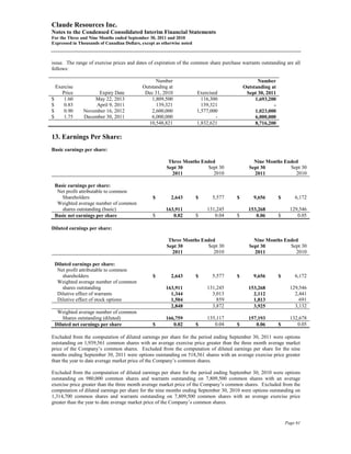 Claude Resources Inc.
Notes to the Condensed Consolidated Interim Financial Statements
For the Three and Nine Months ended September 30, 2011 and 2010
Expressed in Thousands of Canadian Dollars, except as otherwise noted



issue. The range of exercise prices and dates of expiration of the common share purchase warrants outstanding are all
follows:

                                                  Number                                         Number
  Exercise                                  Outstanding at                                 Outstanding at
     Price           Expiry Date             Dec 31, 2010               Exercised           Sept 30, 2011
$     1.60         May 22, 2013                 1,809,500                 116,300               1,693,200
$     0.83          April 9, 2011                 139,321                 139,321                       -
$     0.90     November 16, 2012                2,600,000               1,577,000               1,023,000
$     1.75     December 30, 2011                6,000,000                       -               6,000,000
                                              10,548,821                1,832,621               8,716,200

13. Earnings Per Share:
Basic earnings per share:

                                                         Three Months Ended                    Nine Months Ended
                                                        Sept 30         Sept 30              Sept 30         Sept 30
                                                          2011            2010                 2011            2010

 Basic earnings per share:
  Net profit attributable to common
    Shareholders                                 $        2,643         $     5,577    $       9,656        $       6,172
  Weighted average number of common
    shares outstanding (basic)                          163,911             131,245          153,268              129,546
 Basic net earnings per share                    $         0.02         $      0.04    $        0.06        $        0.05

Diluted earnings per share:

                                                         Three Months Ended                    Nine Months Ended
                                                        Sept 30         Sept 30              Sept 30         Sept 30
                                                          2011            2010                 2011            2010

 Diluted earnings per share:
  Net profit attributable to common
    shareholders                                 $        2,643         $     5,577    $       9,656        $       6,172
  Weighted average number of common
    shares outstanding                                  163,911             131,245          153,268              129,546
  Dilutive effect of warrants                             1,344               3,013            2,112                2,441
  Dilutive effect of stock options                        1,504                 859            1,813                  691
                                                          2,848               3,872            3,925                3,132
  Weighted average number of common
    Shares outstanding (diluted)                        166,759             135,117          157,193              132,678
 Diluted net earnings per share                  $         0.02         $      0.04    $        0.06        $        0.05

Excluded from the computation of diluted earnings per share for the period ending September 30, 2011 were options
outstanding on 1,939,561 common shares with an average exercise price greater than the three month average market
price of the Company’s common shares. Excluded from the computation of diluted earnings per share for the nine
months ending September 30, 2011 were options outstanding on 518,561 shares with an average exercise price greater
than the year to date average market price of the Company’s common shares.

Excluded from the computation of diluted earnings per share for the period ending September 30, 2010 were options
outstanding on 980,000 common shares and warrants outstanding on 7,809,500 common shares with an average
exercise price greater than the three month average market price of the Company’s common shares. Excluded from the
computation of diluted earnings per share for the nine months ending September 30, 2010 were options outstanding on
1,314,700 common shares and warrants outstanding on 7,809,500 common shares with an average exercise price
greater than the year to date average market price of the Company’s common shares.


                                                                                                                Page 61
 