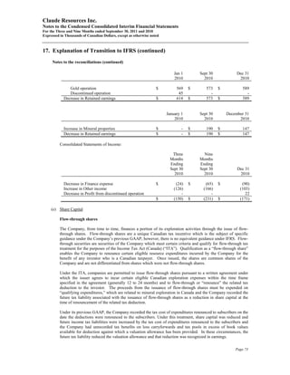 Claude Resources Inc.
Notes to the Condensed Consolidated Interim Financial Statements
For the Three and Nine Months ended September 30, 2011 and 2010
Expressed in Thousands of Canadian Dollars, except as otherwise noted



17. Explanation of Transition to IFRS (continued)
     Notes to the reconciliations (continued)

                                                                             Jan 1          Sept 30               Dec 31
                                                                             2010             2010                 2010

               Gold operation                                      $          569    $          573    $             589
               Discontinued operation                                          45                 -                    -
            Decrease in Retained earnings                          $          614    $          573    $             589


                                                                        January 1           Sept 30         December 31
                                                                            2010              2010                2010

            Increase in Mineral properties                         $             -   $          190    $             147
            Decrease in Retained earnings                          $             -   $          190    $             147

          Consolidated Statements of Income:

                                                                           Three              Nine
                                                                          Months            Months
                                                                          Ending            Ending
                                                                          Sept 30           Sept 30               Dec 31
                                                                            2010              2010                 2010

            Decrease in Finance expense                            $          (24)   $         (65)    $             (90)
            Increase in Other income                                         (126)            (166)                 (103)
            Decrease in Profit from discontinued operation                       -                -                    22
                                                                   $         (150)   $        (231)    $            (171)

     (e) Share Capital

          Flow-through shares

          The Company, from time to time, finances a portion of its exploration activities through the issue of flow-
          through shares. Flow-through shares are a unique Canadian tax incentive which is the subject of specific
          guidance under the Company’s previous GAAP; however, there is no equivalent guidance under IFRS. Flow-
          through securities are securities of the Company which meet certain criteria and qualify for flow-through tax
          treatment for the purposes of the Income Tax Act (Canada) (“ITA”). Qualification as a “flow-through share”
          enables the Company to renounce certain eligible resource expenditures incurred by the Company for the
          benefit of any investor who is a Canadian taxpayer. Once issued, the shares are common shares of the
          Company and are not differentiated from shares which were not flow-through shares.

          Under the ITA, companies are permitted to issue flow-through shares pursuant to a written agreement under
          which the issuer agrees to incur certain eligible Canadian exploration expenses within the time frame
          specified in the agreement (generally 12 to 24 months) and to flow-through or “renounce” the related tax
          deduction to the investor. The proceeds from the issuance of flow-through shares must be expended on
          “qualifying expenditures,” which are related to mineral exploration in Canada and the Company recorded the
          future tax liability associated with the issuance of flow-through shares as a reduction in share capital at the
          time of renouncement of the related tax deduction.

          Under its previous GAAP, the Company recorded the tax cost of expenditures renounced to subscribers on the
          date the deductions were renounced to the subscribers. Under this treatment, share capital was reduced and
          future income tax liabilities were increased by the tax cost of expenditures renounced to the subscribers and
          the Company had unrecorded tax benefits on loss carryforwards and tax pools in excess of book values
          available for deduction against which a valuation allowance has been provided. In these circumstances, the
          future tax liability reduced the valuation allowance and that reduction was recognized in earnings.

                                                                                                                 Page 73
 