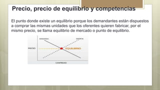 Precio, precio de equilibrio y competencias
El punto donde existe un equilibrio porque los demandantes están dispuestos
a comprar las mismas unidades que los oferentes quieren fabricar, por el
mismo precio, se llama equilibrio de mercado o punto de equilibrio.
 
