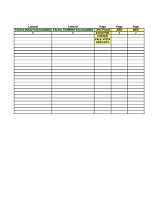 Laboral                 Laboral            Pago      Pago   Pago
FECHA INICIO VACACIONES FECHA TERMINO VACACIONES TIPO PAGO    AÑO    MES
            8                       8             EFECTIVO     4       2
                                                   CHEQUE
                                                 VALE VISTA
                                                  DEPOSITO
 