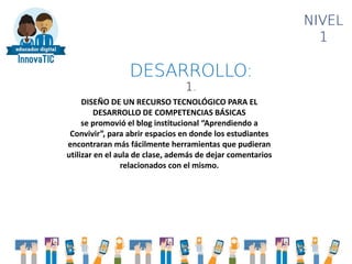 DESARROLLO:
1.
NIVEL
1
DISEÑO DE UN RECURSO TECNOLÓGICO PARA EL
DESARROLLO DE COMPETENCIAS BÁSICAS
se promovió el blog institucional “Aprendiendo a
Convivir”, para abrir espacios en donde los estudiantes
encontraran más fácilmente herramientas que pudieran
utilizar en el aula de clase, además de dejar comentarios
relacionados con el mismo.
 