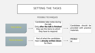 SETTING THE TASKS
POSSIBLE TECHNIQUES
Note taking
Partial dictation
PROBLE
M
Candidates take notes during
the talk.
Only after the talk is finished
they see the items to which
they have to respond.
Part of what the candidates
hear is already written down
for them.
Candidates should be
provided with practice
materials.
 